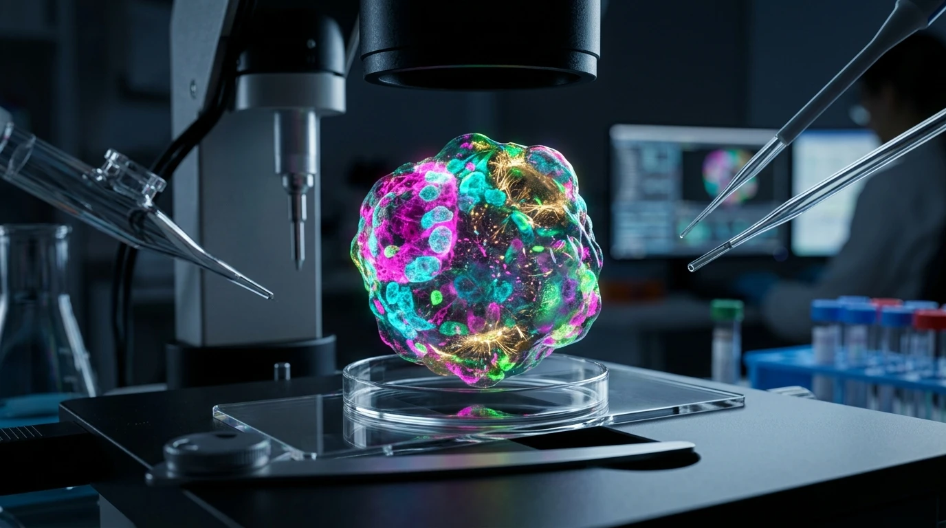 AI Early Cancer Detection: Foundation Models & Liquid Biopsy in 2026–2028 2 Macro confocal laser microscopy showing a 3D patient-derived cancer tumor organoid with glowing fluorescent cellular biomarkers