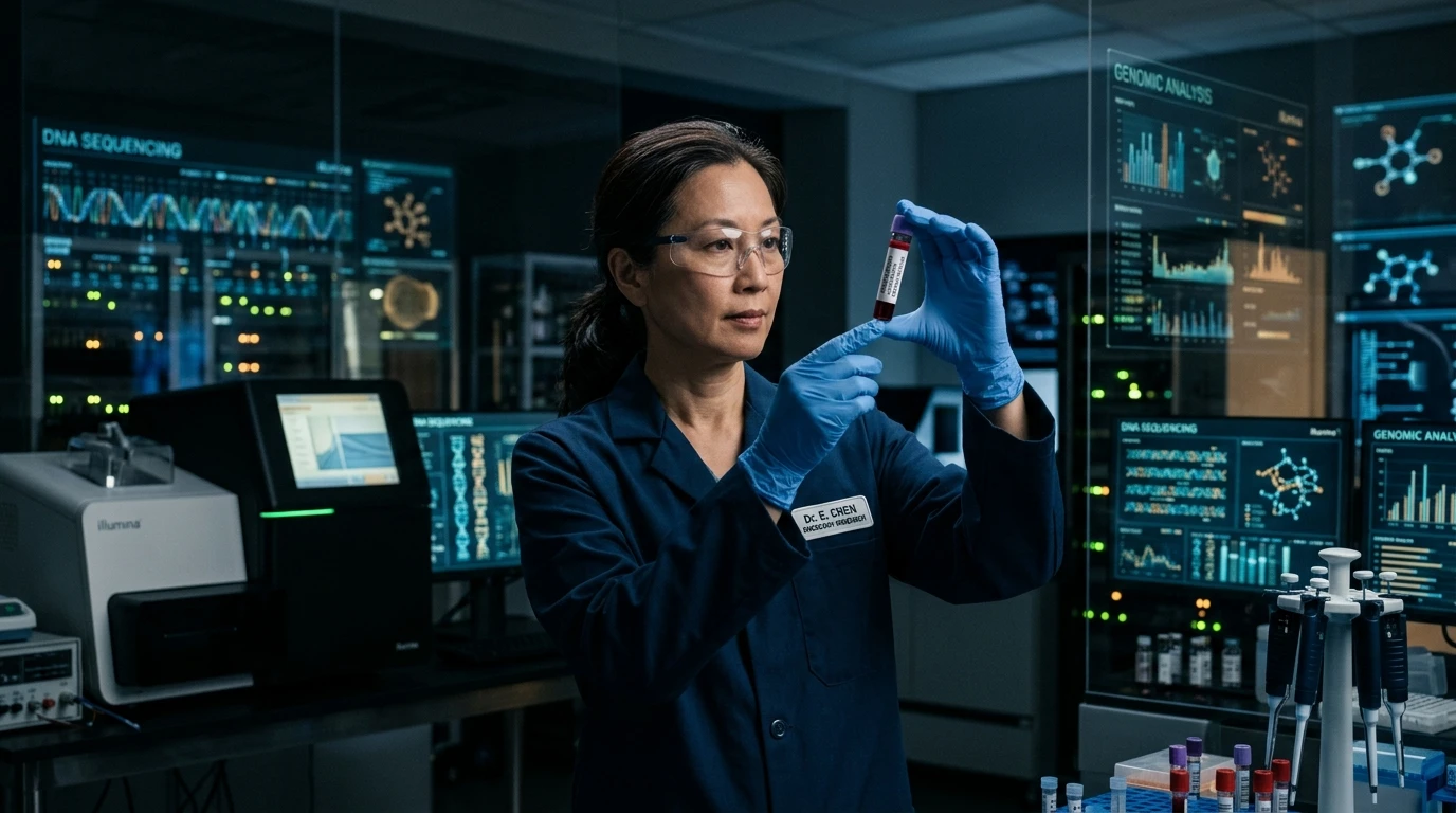 An oncologist holding a liquid biopsy blood sample tube in a high-tech genomic laboratory