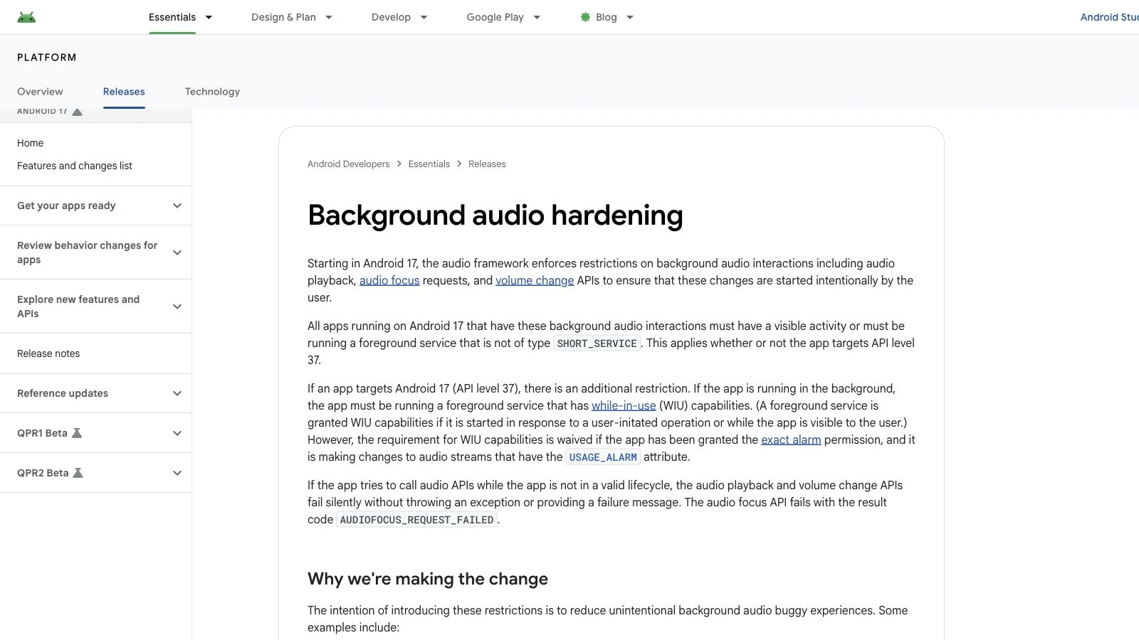 Android 17 developer documentation explaining background audio hardening and AUDIOFOCUS_REQUEST_FAILED