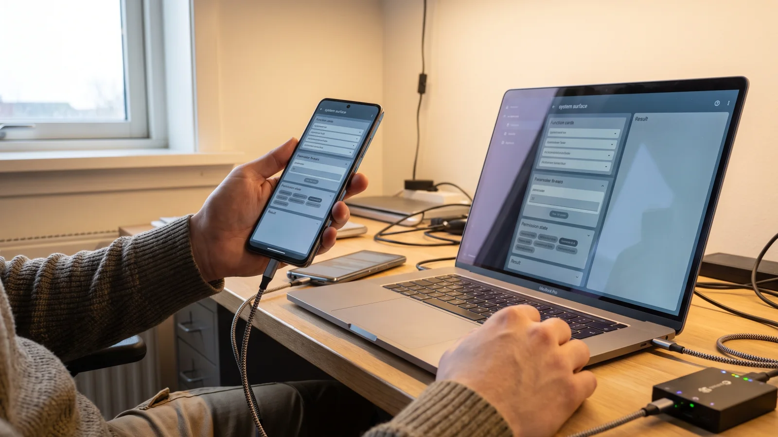 Android developer reviewing a phone and local app architecture notes at a workbench