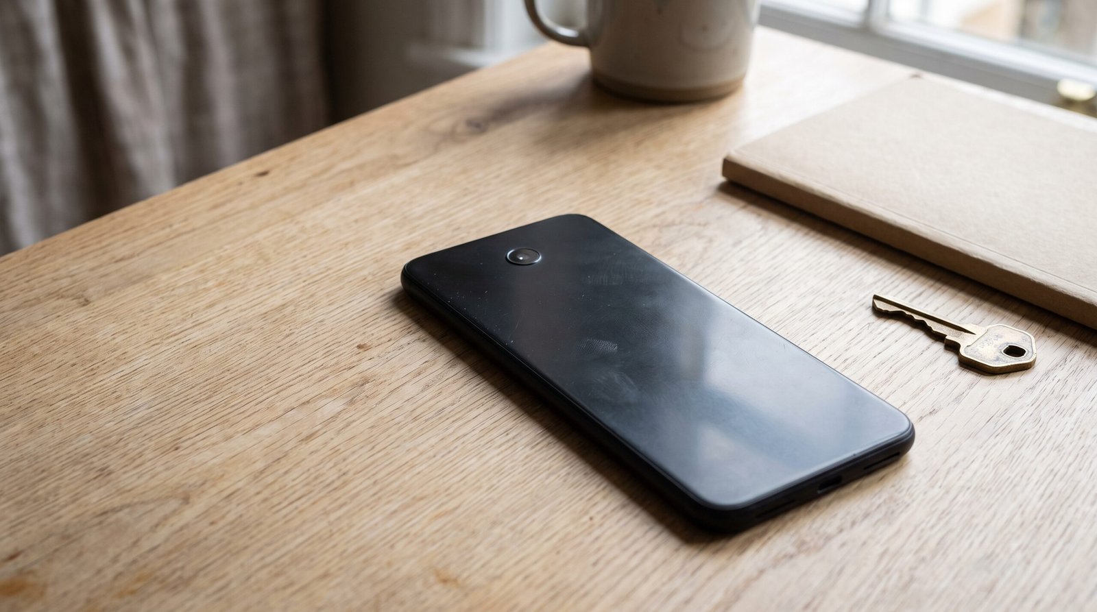 An ordinary unbranded dark handset resting face-down beside a notebook and house key on a pale wood table