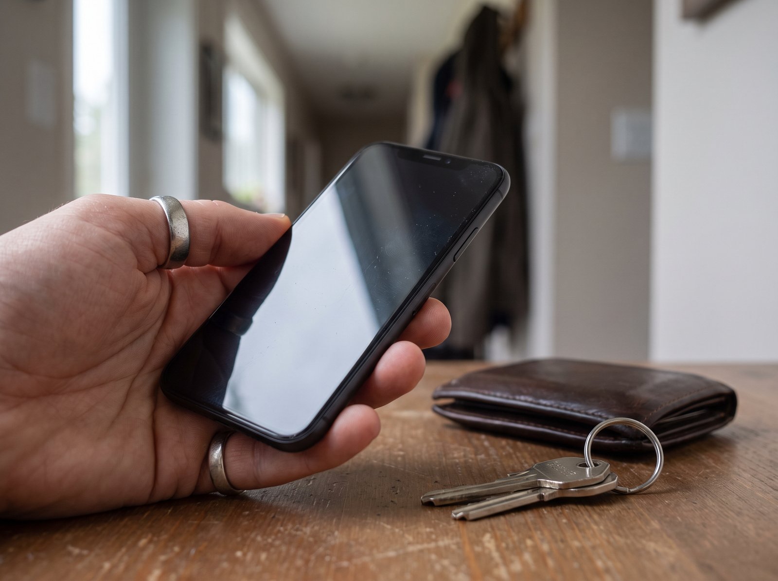 A person holding an ordinary unbranded dark handset above an entryway table with keys and wallet nearby