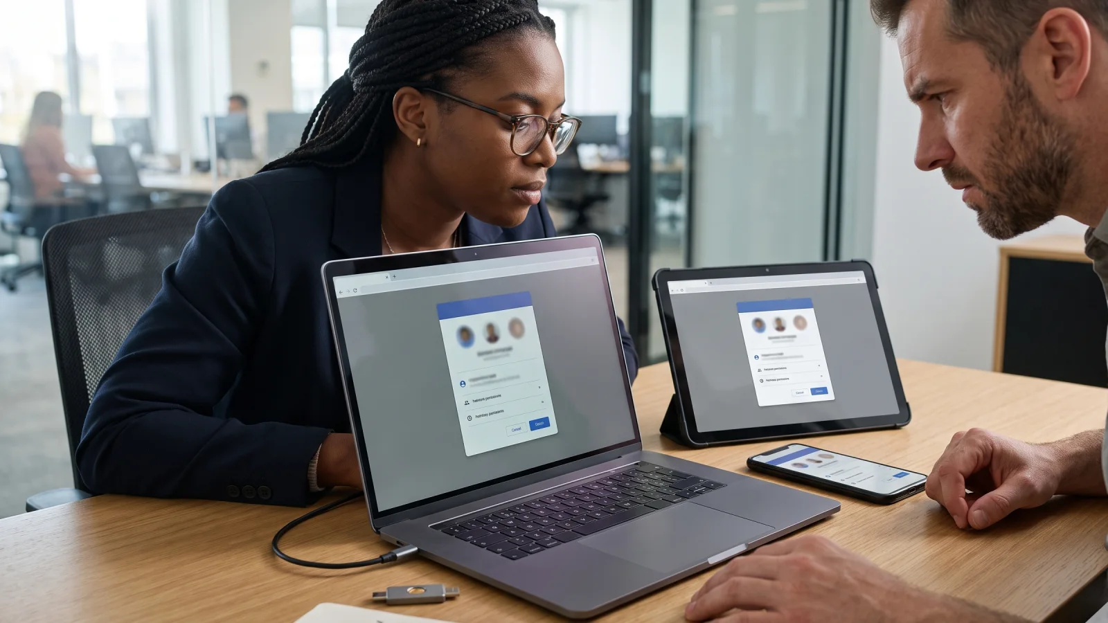 Identity platform engineer reviewing browser-mediated sign-in states for several SaaS domains on a desktop monitor