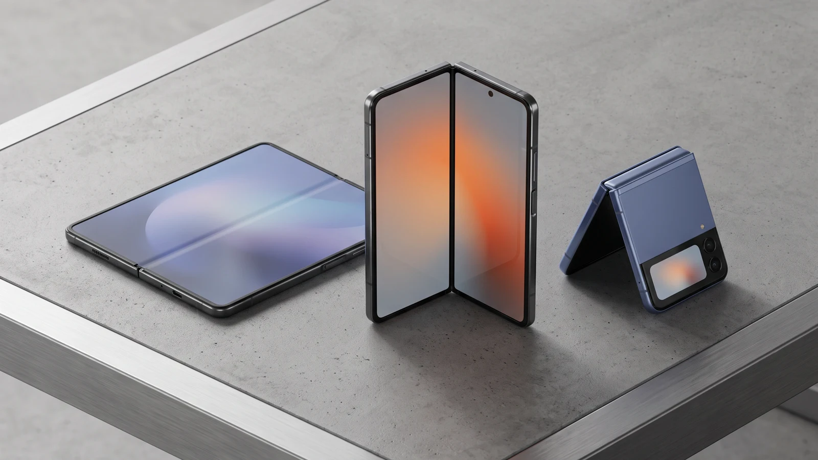 Three unbranded foldable phones in large book, compact book and clamshell forms on a design table