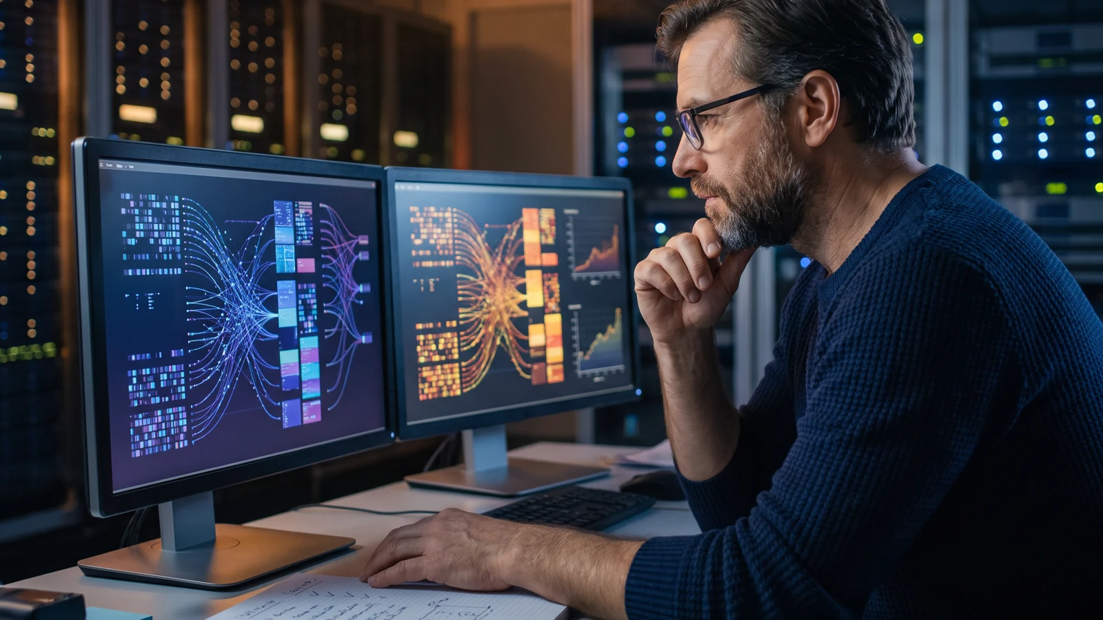 Software engineer comparing two AI agent execution traces on adjacent monitors in a production evaluation lab