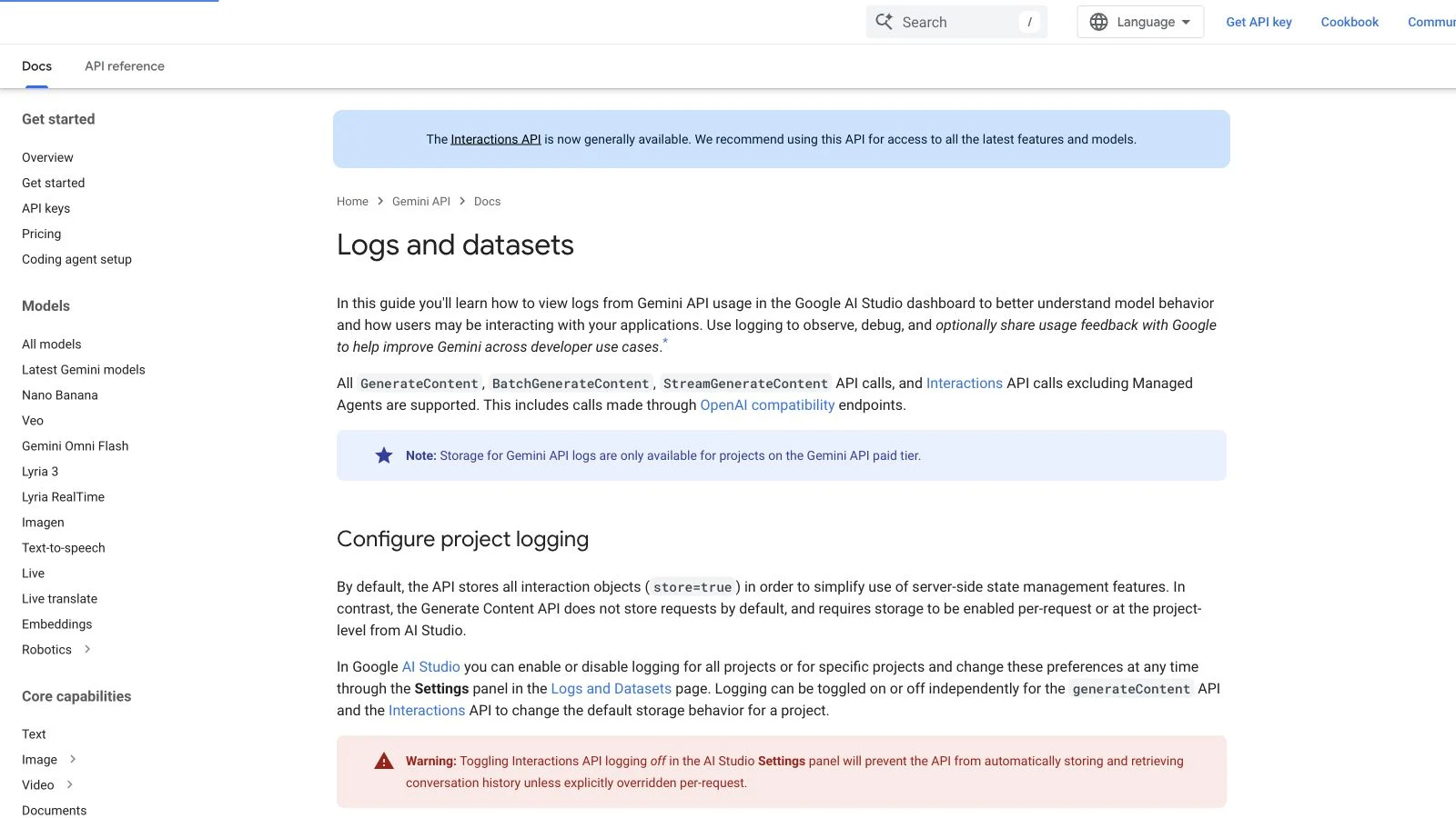 Google Gemini API documentation showing Logs and datasets, paid-tier availability, and the store=true default for Interactions