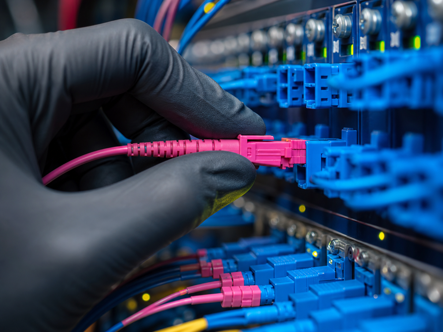 GPT-5.6 API Pricing: Route Workloads by Risk, Not by the Lowest Rate 2 GPT-5.6 API pricing routing boundary shown by a technician connecting a magenta fiber line to a blue optical patch panel