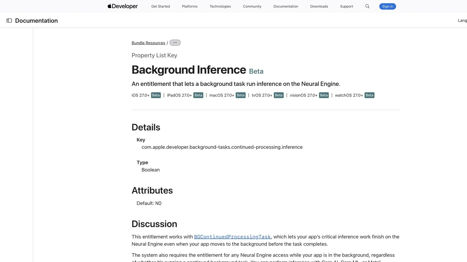 Apple Developer documentation for the macOS 27 Background Inference entitlement and BGContinuedProcessingTask
