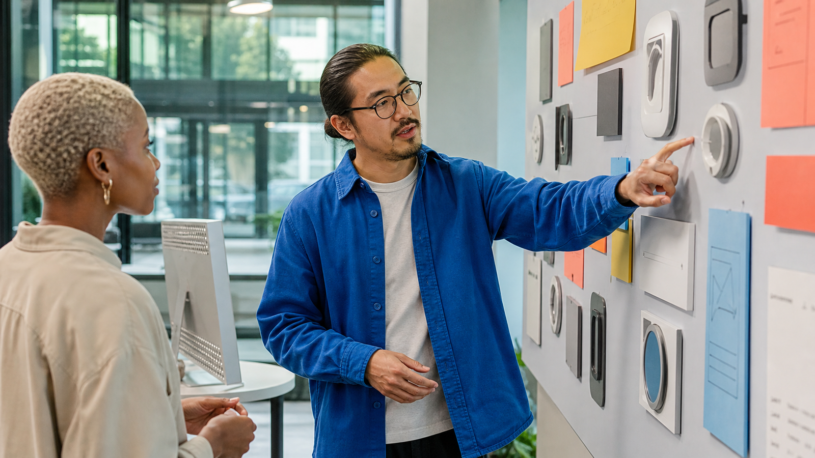 Two product engineers reviewing physical prototype components for a macOS 27 Core AI framework decision