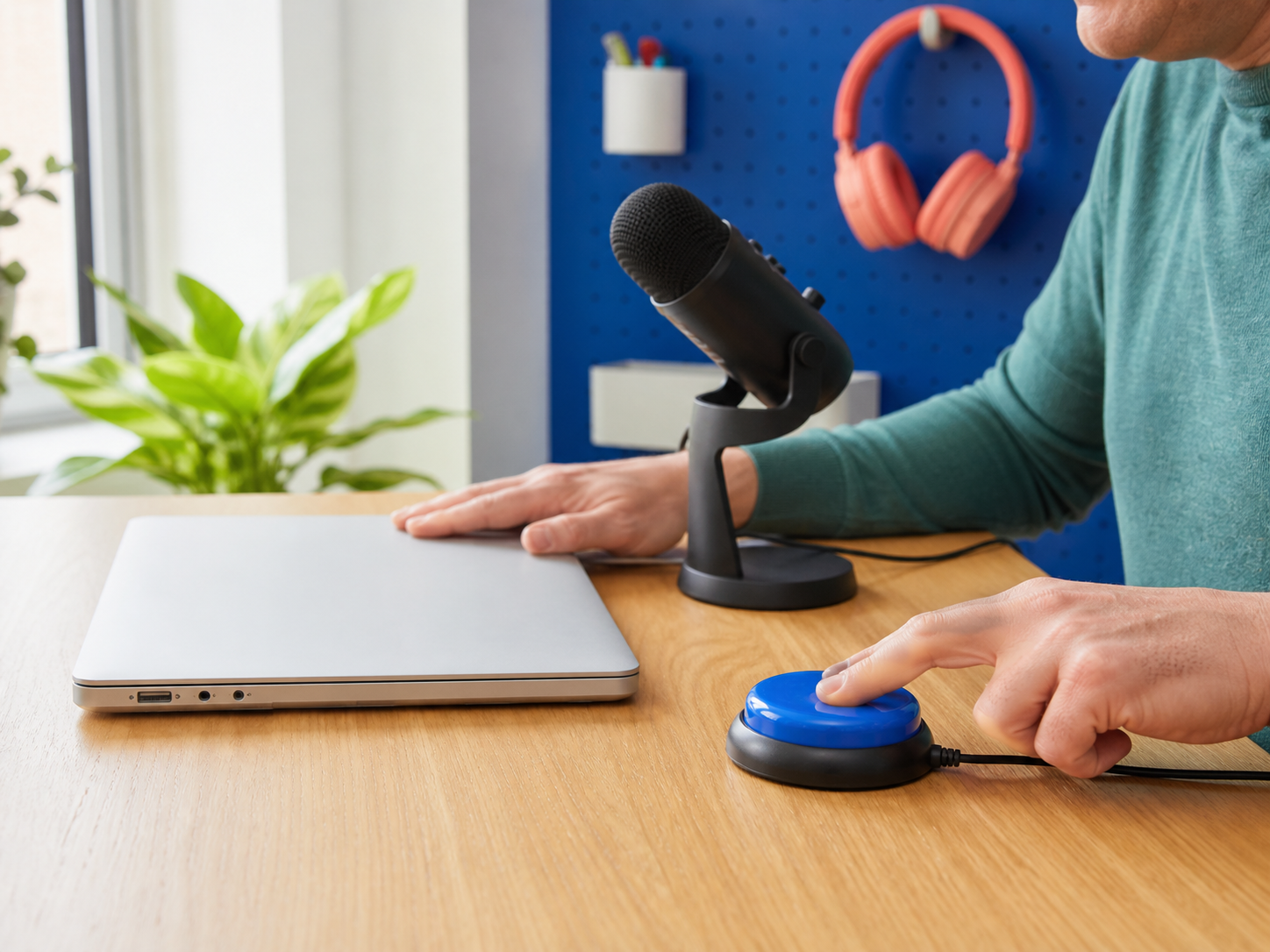 macOS 27 Core AI framework prototype with a closed silver laptop, microphone and blue accessibility switch