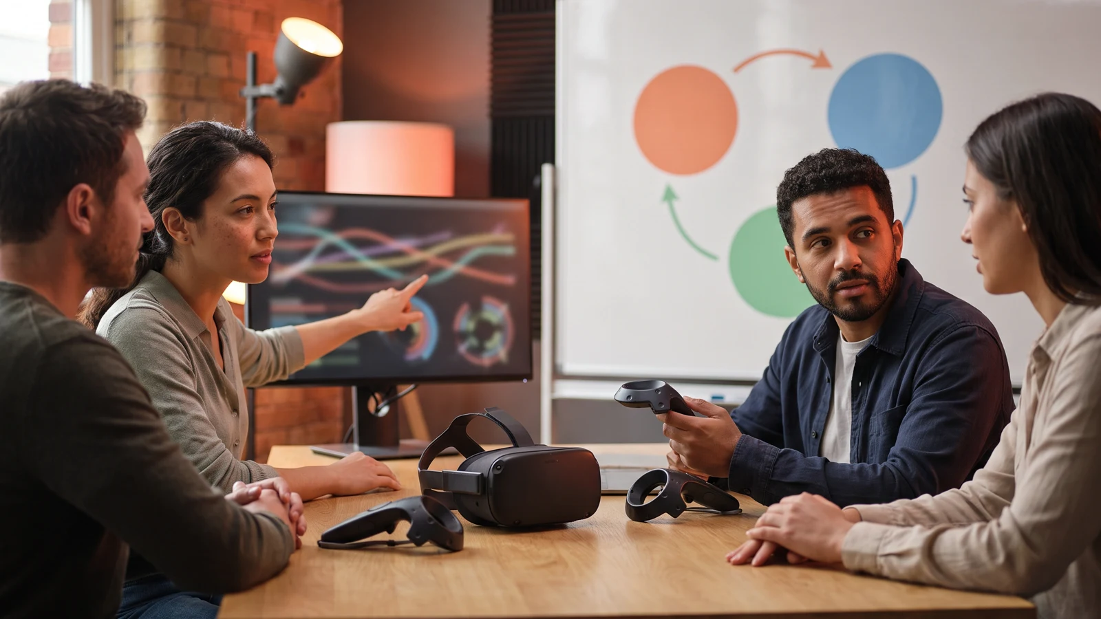 Small virtual reality studio team reviewing pricing trial and quality charts beside a VR headset