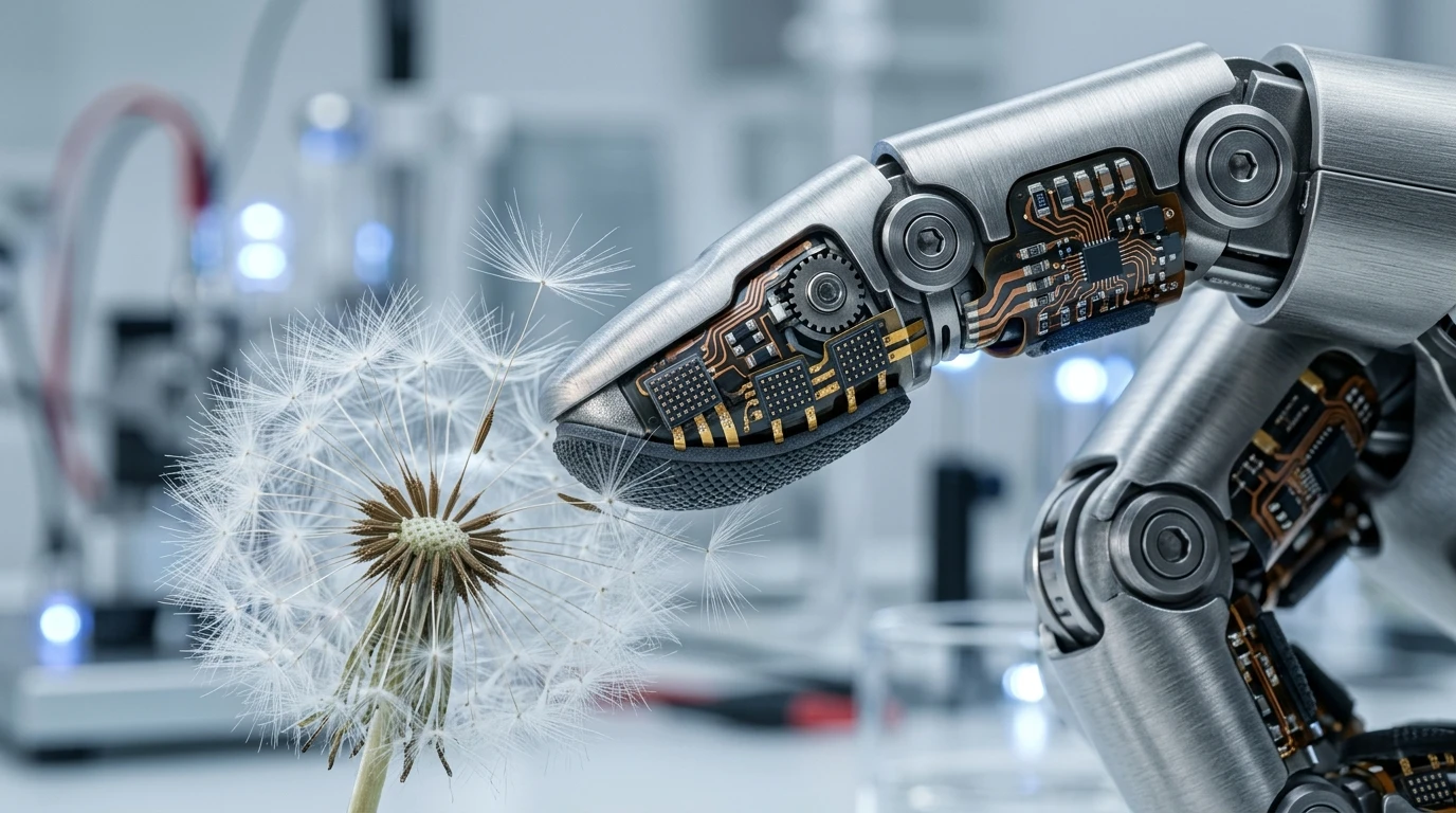 Neural Bionic Prosthetics: AI Shared Autonomy & Sensory Feedback in 2026–2028 2 Extreme macro close-up of a robotic bionic hand fingertip showing embedded haptic pressure sensors and micro-actuators interacting with a dandelion