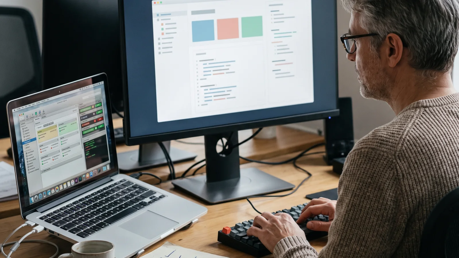 Software engineer comparing two agent workflow traces on side-by-side monitors in a quiet operations room