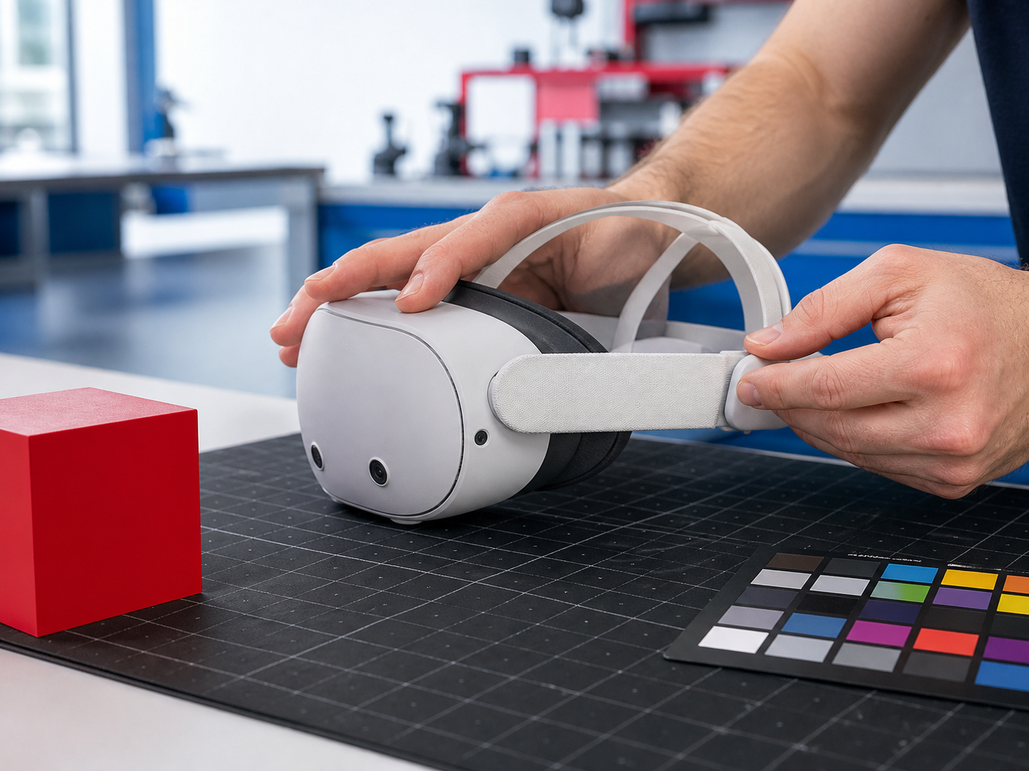 Quest Passthrough Camera API: Design the Permission and Frame Budget First 2 Quest Passthrough Camera API calibration with hands adjusting a white headset beside a red physical test cube