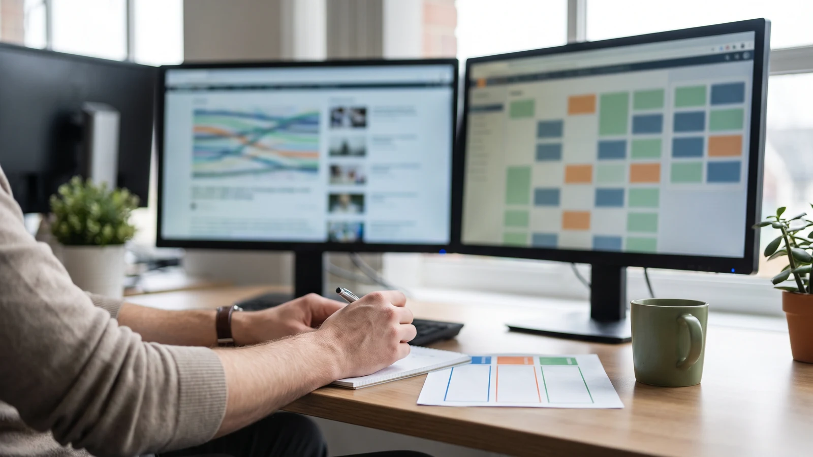 Content analyst comparing separate social and video search dashboards across two monitors