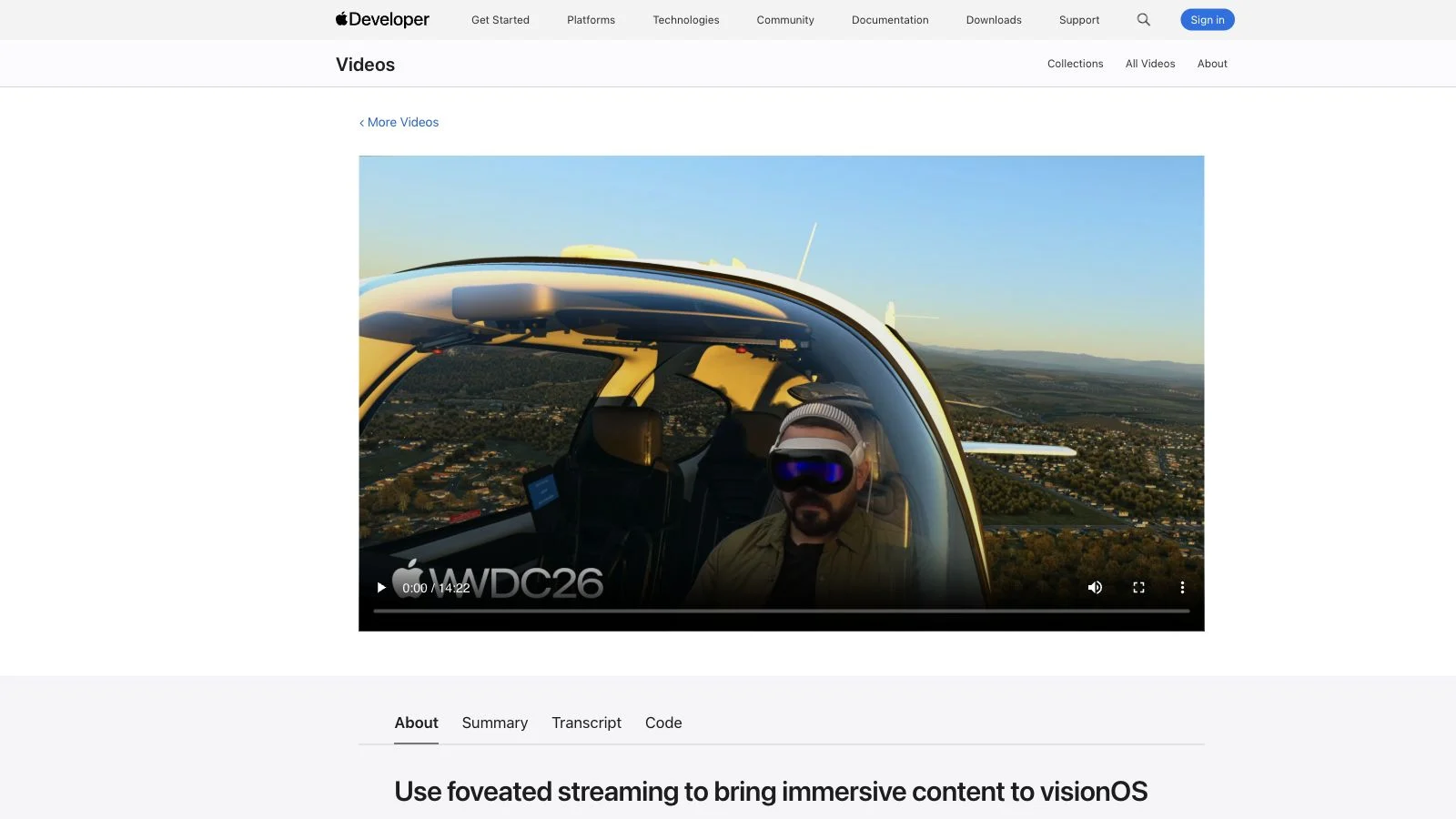 Apple WWDC26 Foveated Streaming session showing a pilot using Apple Vision Pro inside a real aircraft cockpit