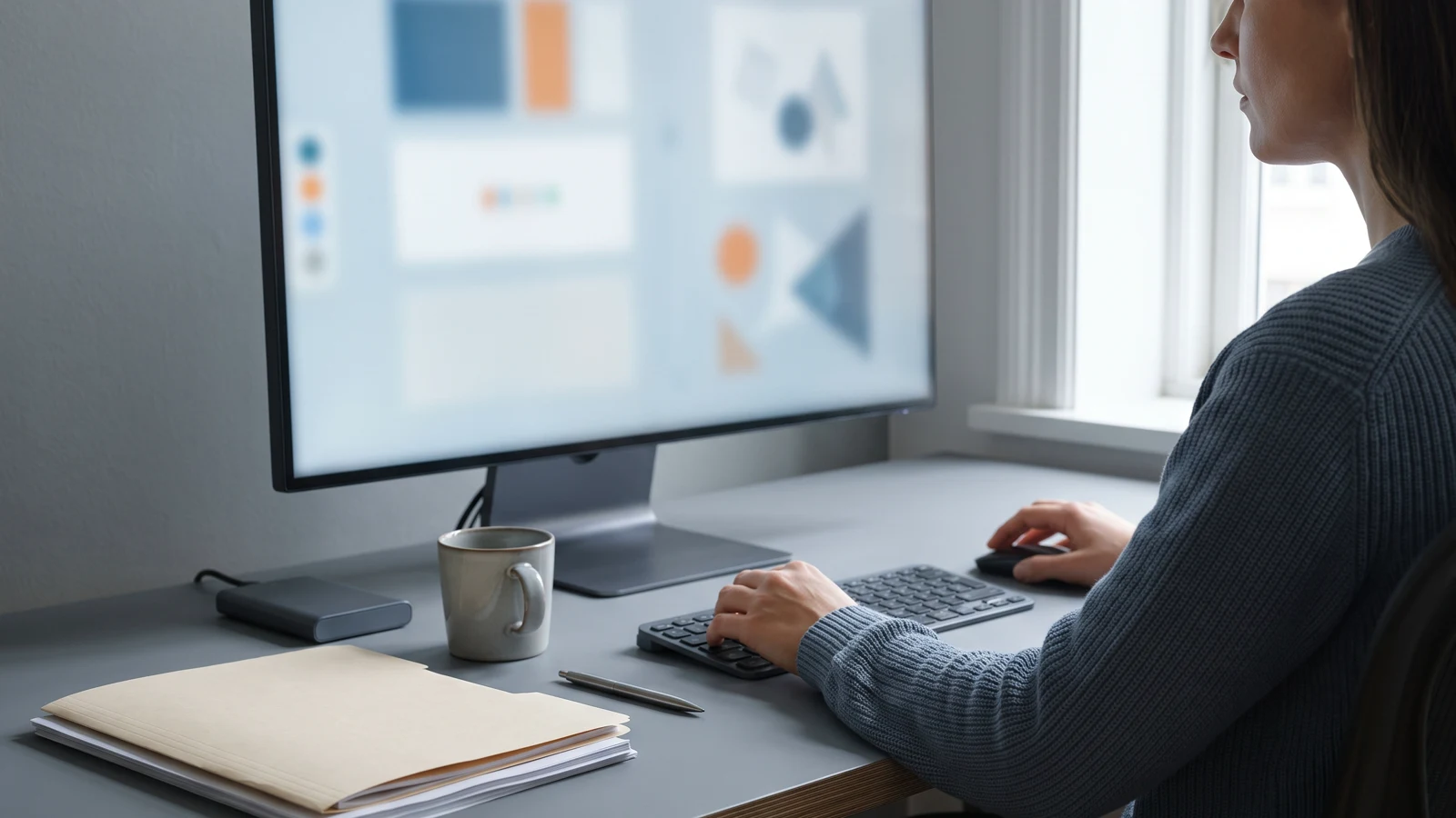 Person evaluating a desktop search panel beside local files and settings controls