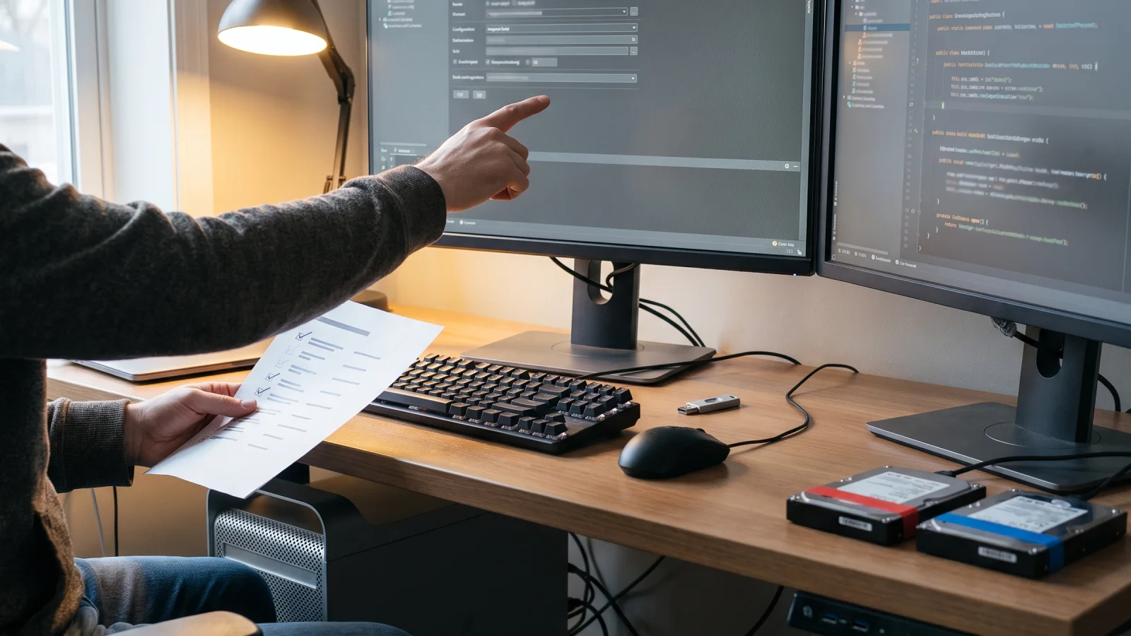 Windows developer at a workstation comparing a NuGet package version, an SDK target, and an operating system build on three separate screens