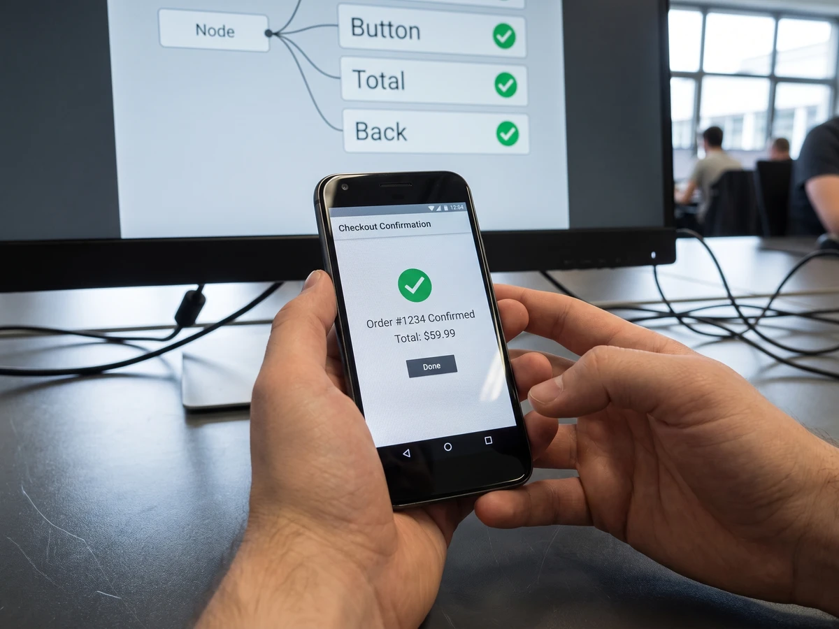 Android Bench 2.0: read the 28% pass rate before you buy an AI coding agent 2 Android Bench 2.0: technician comparing a test phone interaction with a captured accessibility tree
