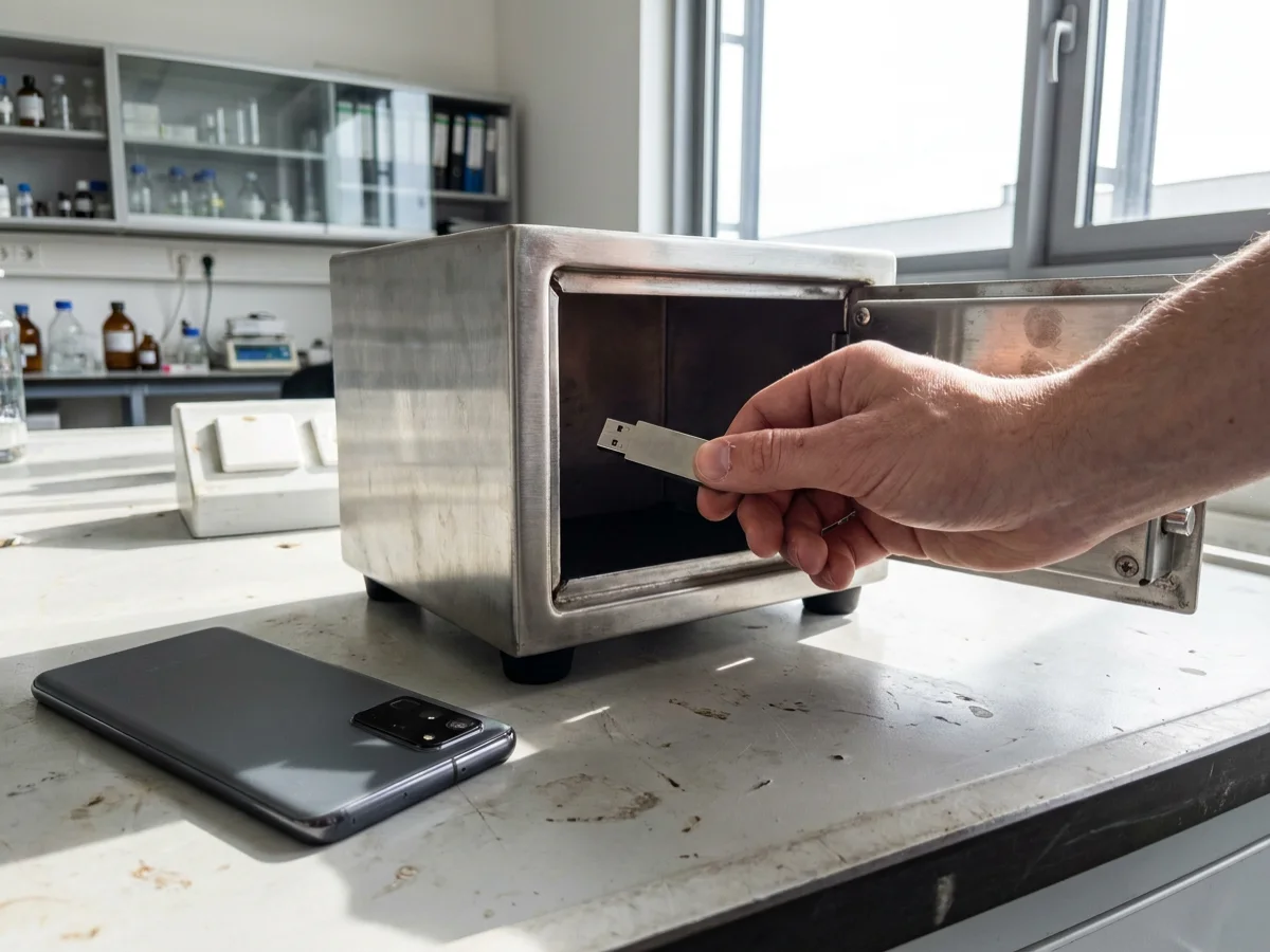 A hand placing a Bitwarden mobile password manager encrypted backup USB drive into a small safe beside a phone