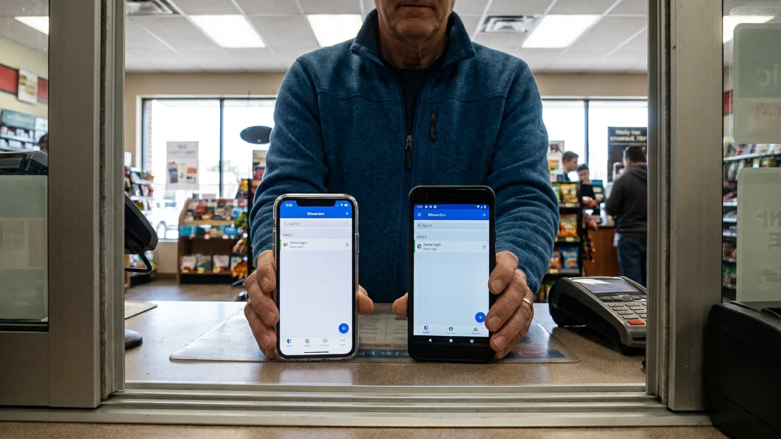 One person comparing Bitwarden mobile password manager setup on an Android phone and an iPhone at a retail counter