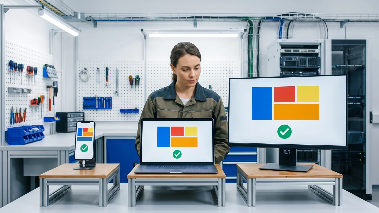 Chrome 153 compatibility checklist in a device lab with laptops and phones running the same test page