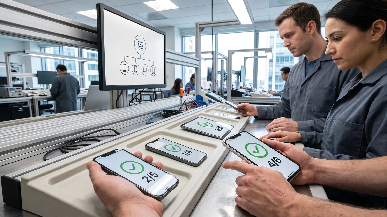 iOS 27 subscription Bundles and Suites: Product team checking three subscription test devices against one entitlement ledger