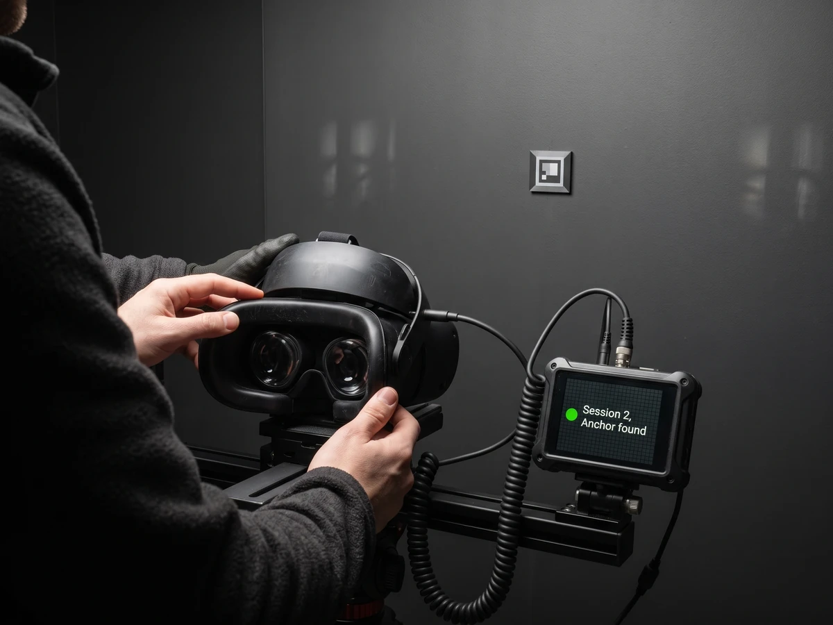 Jetpack XR SDK beta: technician verifying an AnchorSpace marker against a physical plane in an XR headset lab