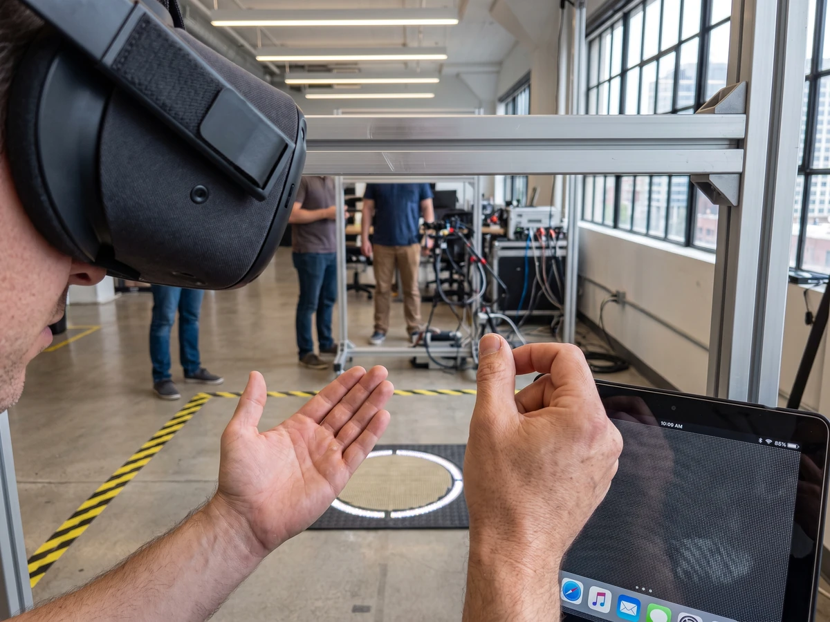 Meta Spatial SDK hands-only locomotion: test the gate before the gesture 2 Meta Spatial SDK hands-only locomotion: Close view of a thumb tap microgesture aimed at a VR teleport target