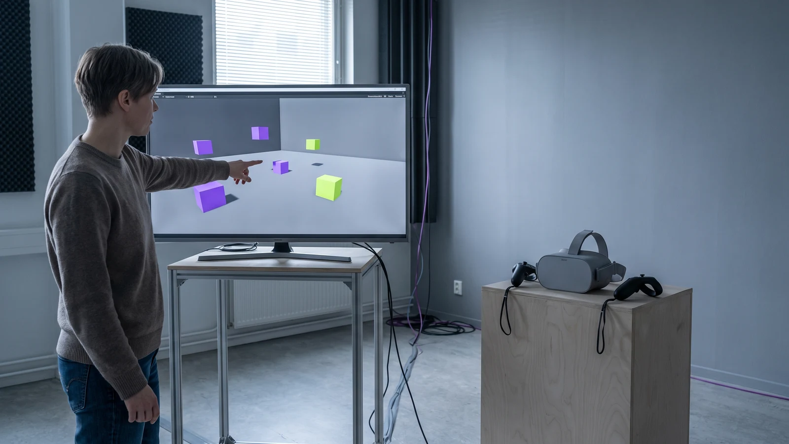 Meta XR Operator setup in an XR development lab with a headset, controllers, and simulator workstation
