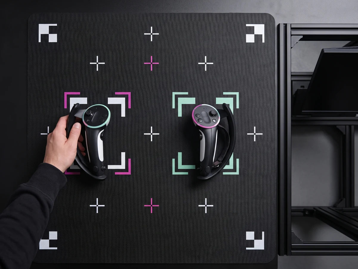 Meta XR Operator setup focused on two tracked controllers beside an XR Simulator test station