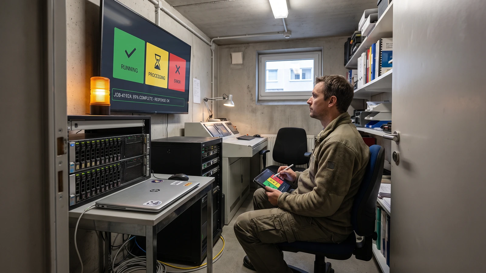 OpenAI background mode: Operations engineer watching a long AI job move from running to a verified completion signal
