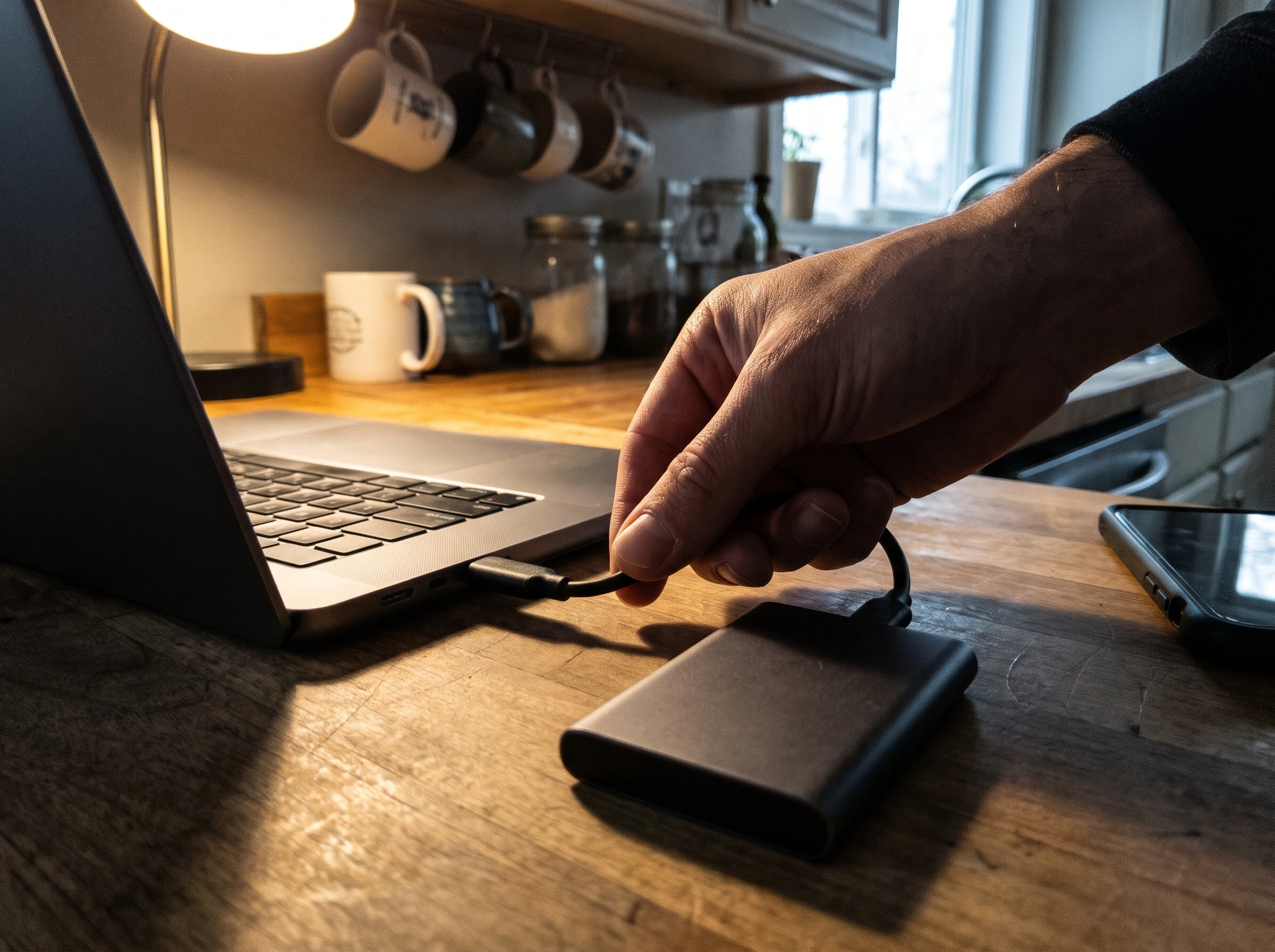 Google Photos backup and privacy safeguard with an external drive connected to a laptop for a dated export