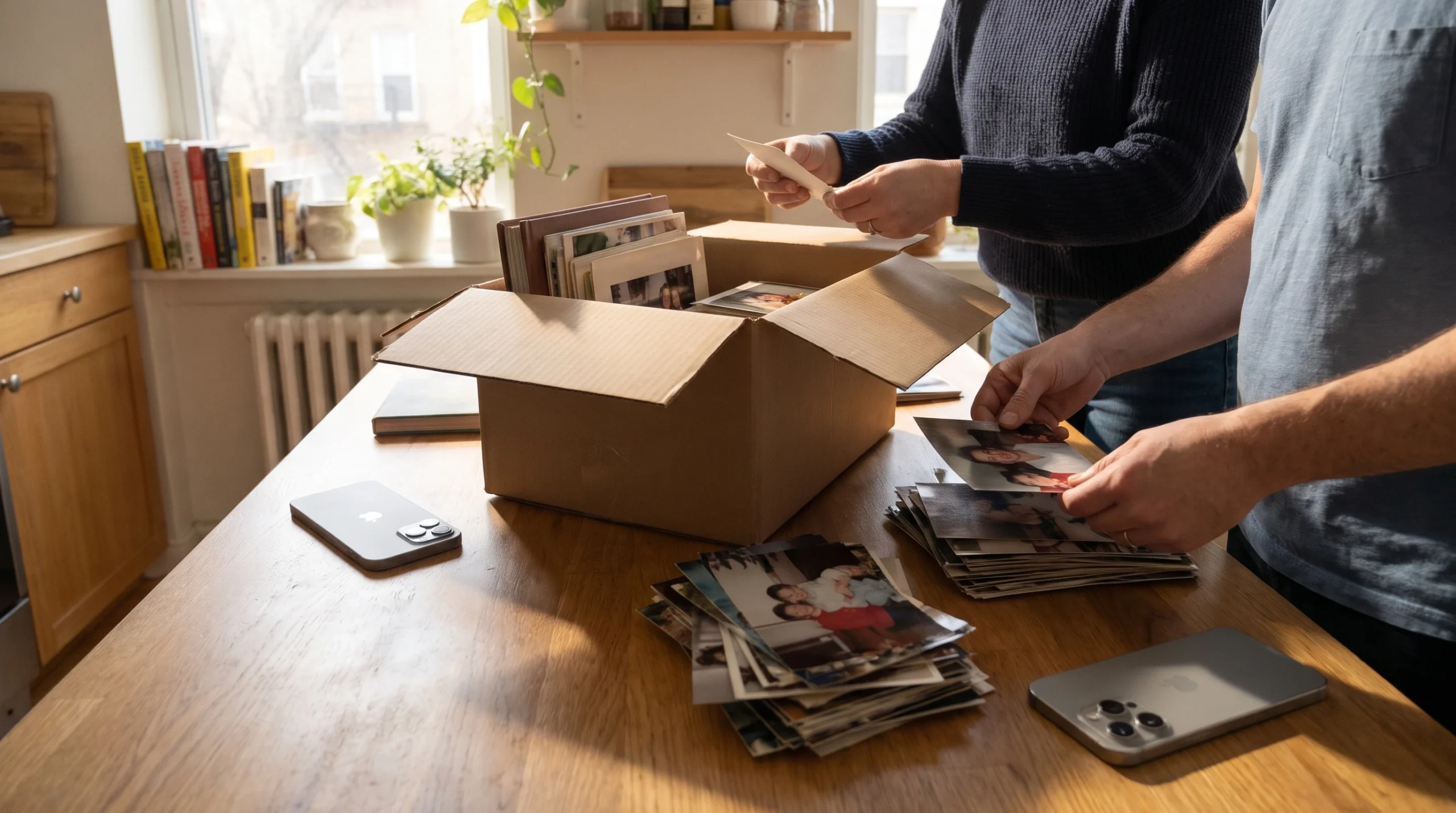 Google Photos backup and privacy scene with two people unpacking family photographs beside two phones