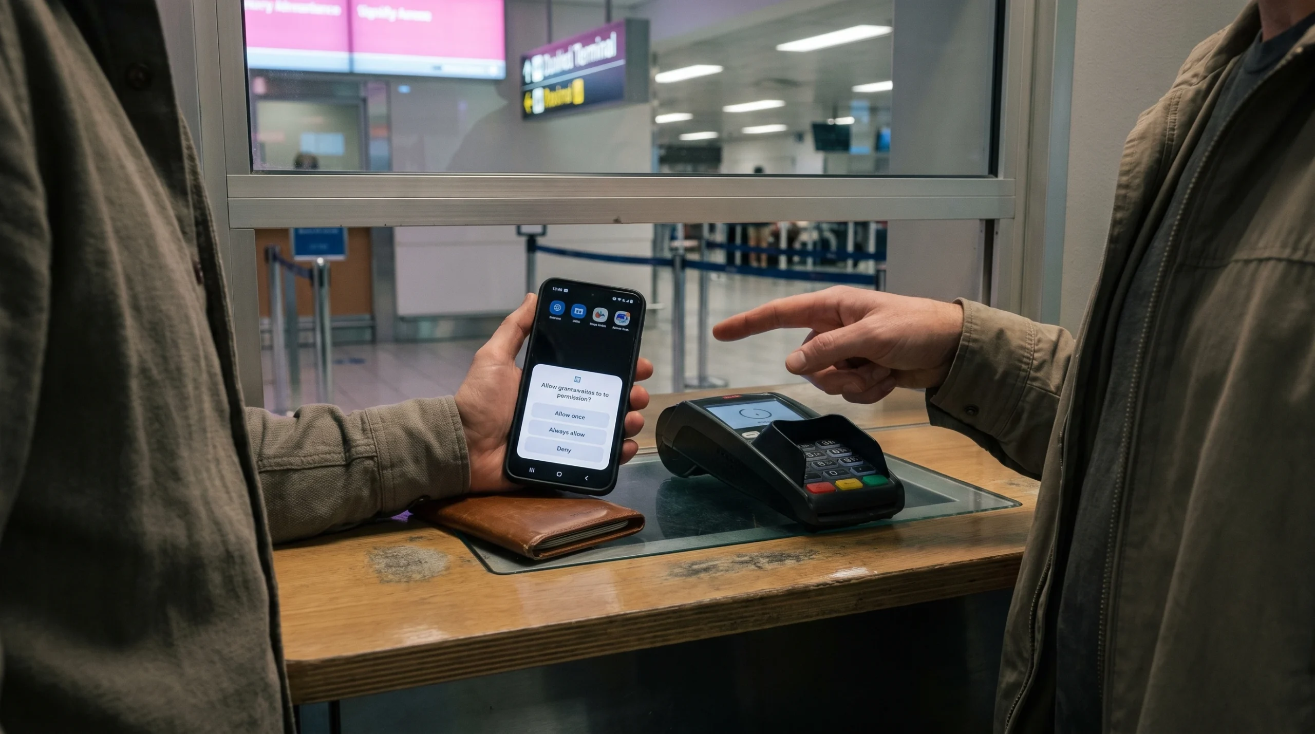 Meta Muse permissions analysis scene at a travel counter with a phone and payment terminal