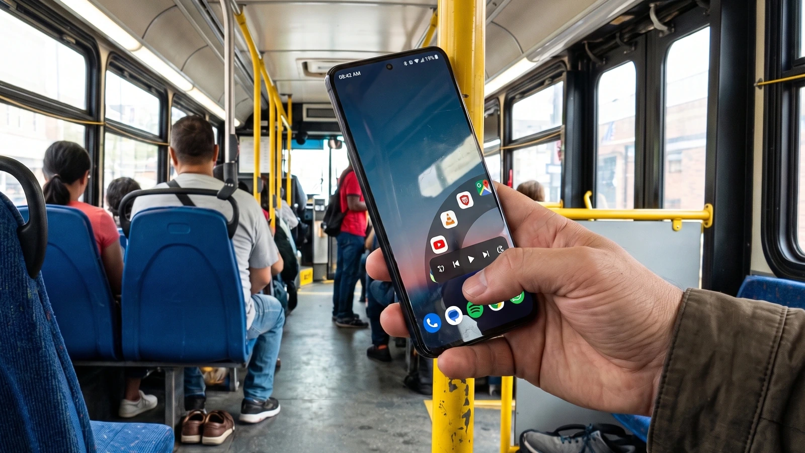 A commuter using One Hand Control Android with one thumb on a large phone