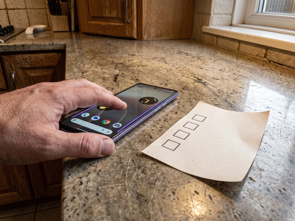 A hand unlocking One Hand Control Android beside a four-box checklist on a kitchen counter